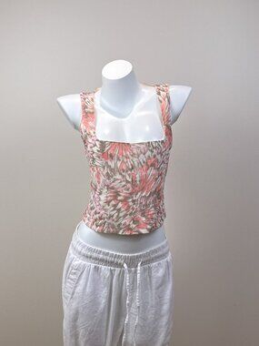 AFRM Womens Medium Pink Abstract Printed Mesh Corset Tank Top Square Neck Crop